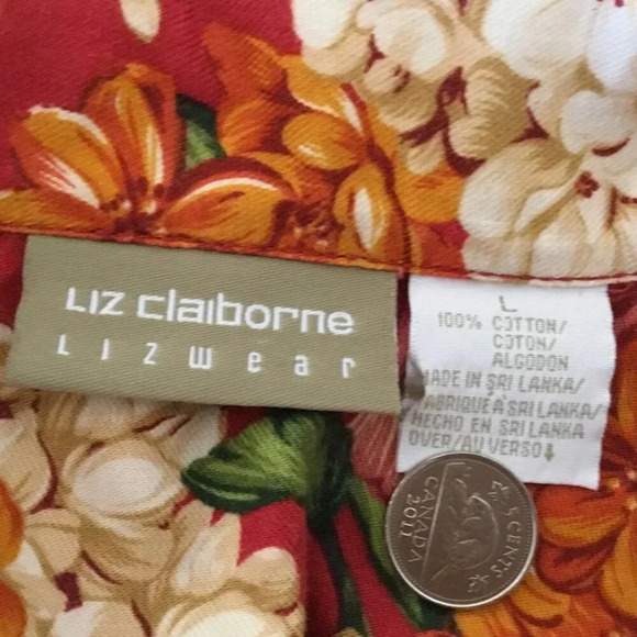 Vintage Liz Claiborne Lizwear Red Floral Button-Up Shirt 100 % Cotton Red  Sz L - Picture 6 of 9